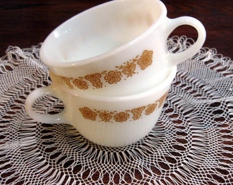 Vintage Coffee Mugs Pyrex Butterfly Gold Milk Glass Set of Two