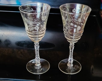 Water Goblets Halifax Rock Sharpe Crystal Libbey Floral Etched Wheel Cut Stems Gray Cut Set of Two Vintage