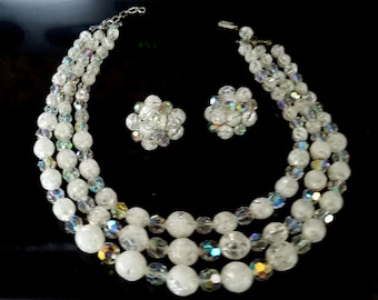 Vintage Aurora Borealis Crystal Necklace Earring Set: 1950s Glam Jewelry