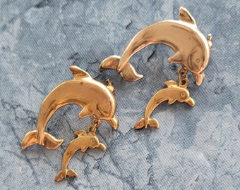 Vintage Dolphin Pins Gold Tone and Silver Mama Dolphin and Baby Brooch Set of Two