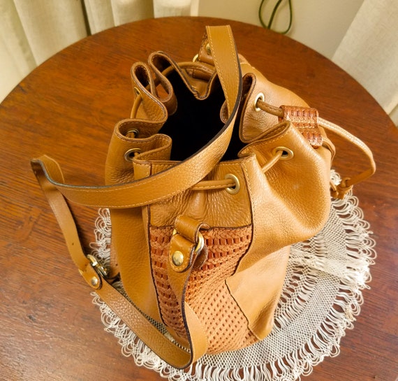 Vintage Leather Hobo Bucket Bag Drawstring Brown … - image 6