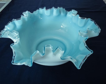 Fenton Silver Crest Bowl: Aqua Baby Blue Milk Glass, Ruffled Edge Large Vintage