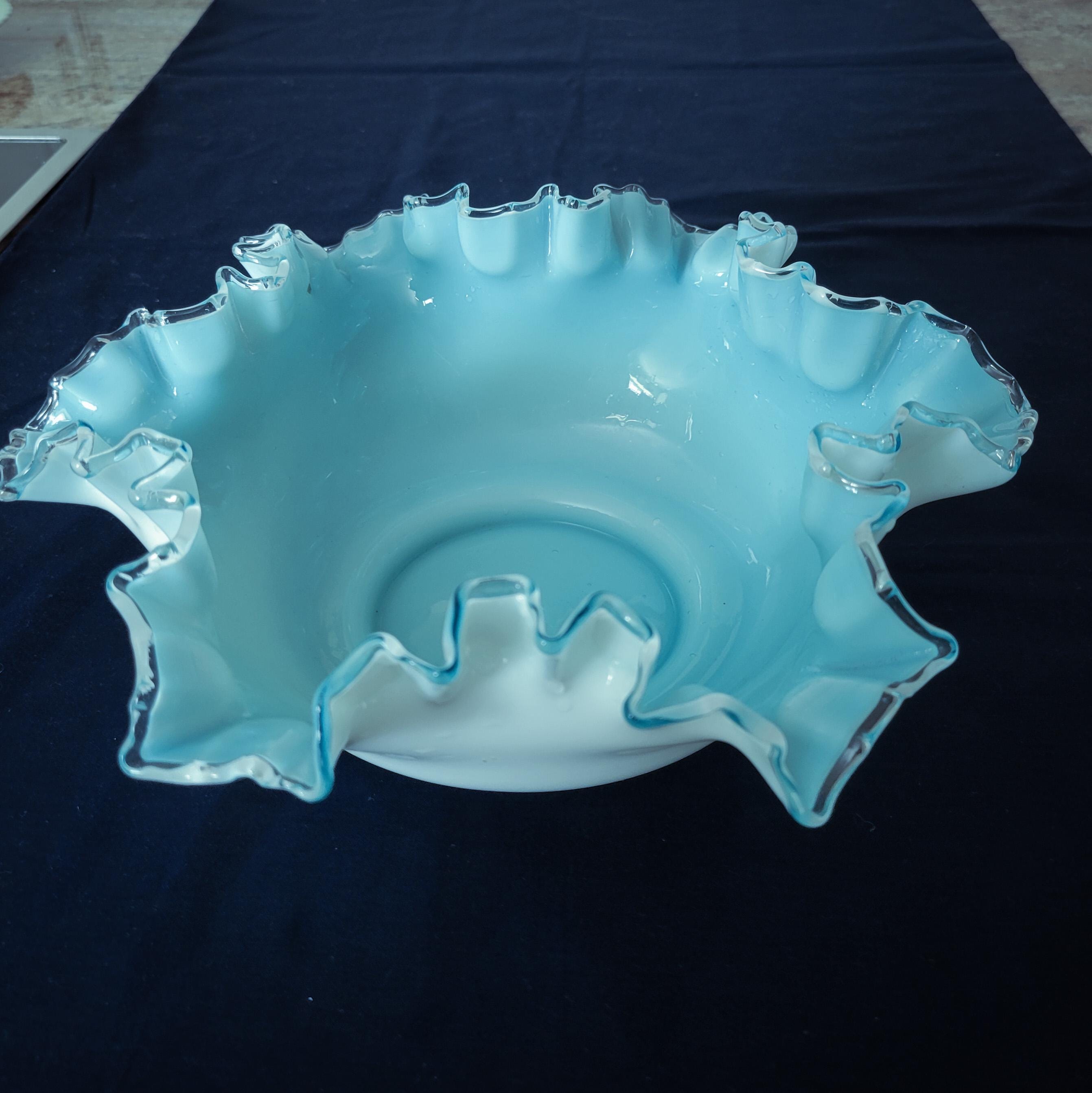 Fenton Silver Crest Bowl: Aqua Baby Blue Milk Glass, Ruffled Edge