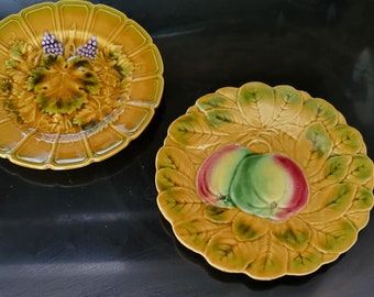 Vintage Majolica Plates Grapes Apples Leaves Gold Green Sarreguemines PV French Majolica 1930s Set of Two