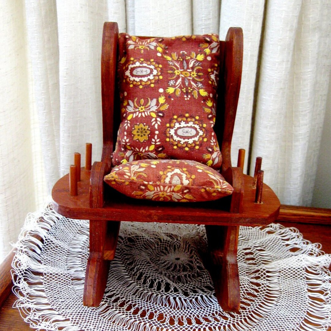 Vintage Pin Cushion Rocking Chair Thread Holder Keeper Wooden Etsy