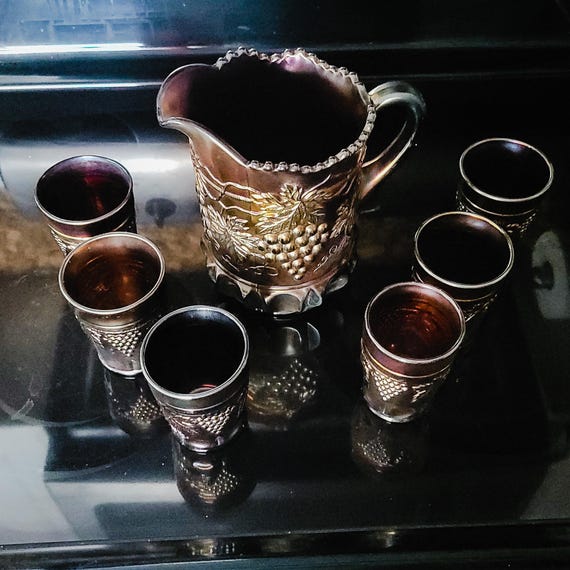 Vintage Northwood Carnival Glass Pitcher Set: Amethyst Grape