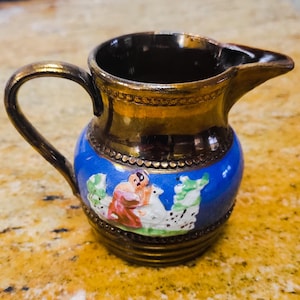 Copper Luster Pitcher Jug Lusterware England Blue Band Pastoral Scene Embossed 1940s