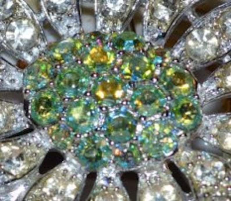 Vintage Rhinestone Brooch Earrings Set Sarah Coventry Mountain Flower Aurora Borealis Peridot Green 1968