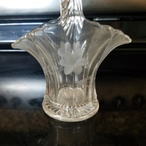 Vintage Duncan Miller Glass Basket: Floral Etched Crystal Vase, 1930s