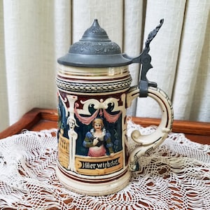 German Stein Pastoral Earthenware Mandolin Player Courting Couple Woman in the Window Pewter Lid 1950s