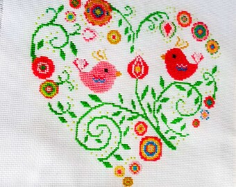 Vintage Needlework Cross Stitch Heart Birds Floral Valentine Gift  Pink Green Blue  1980s