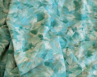 Fabric Green Aqua Gray Abstract Cotton Vintage 2 Yards 1980s