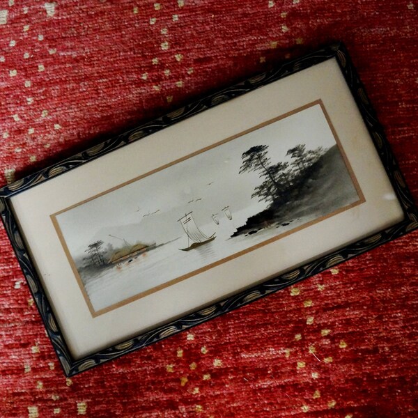 Vintage Oriental Picture Junk Boat Sepia Brown Gold Matt Carved Ornate Wood Frame Surreal Seascape