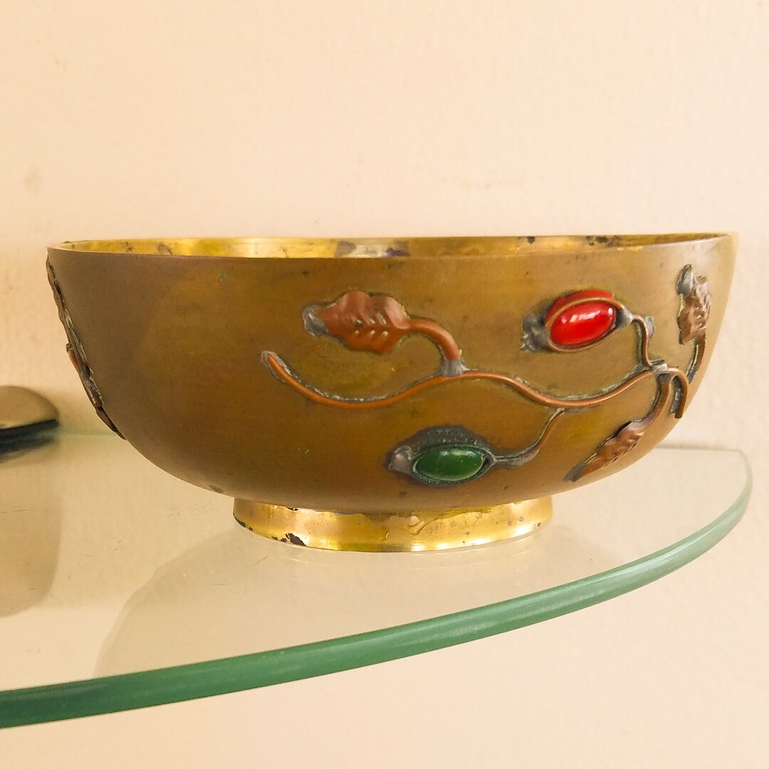 Vintage Chinese Brass Bowl Round Dish Planter Asian Peking Glass