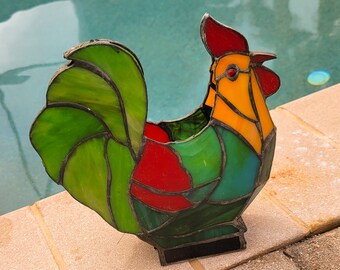 Vintage Stained Glass Rooster Kitchen Décor Primitive Votive Candleholder