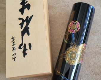 Vintage Japanese Black Lacquer Ikebana Vase Yamamoto Kansai Black Gold Pink Floral Design Used With Original Wooden Box