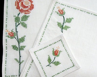 Rose Embroidered Four Place Mats Napkins Coasters Table Linens  Floral Orange Coral Green 12 Pieces