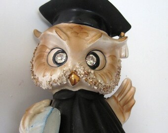 Owl Graduate  PIggy Bank Owl Cap and Gown Graduation College Norcrest Childrens Savings 1960s Vintage