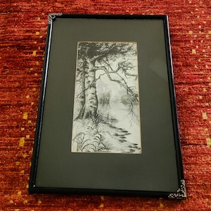 Original Charcoal Drawing: Vintage Forest Landscape with Oak Tree