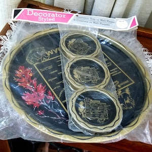 Vintage Wyoming Souvenir Tray & Coaster Set: Black Metal Toleware