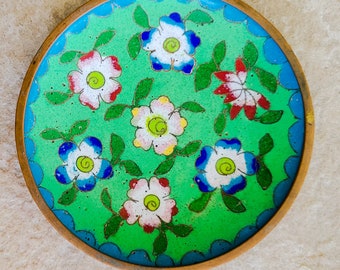 Vintage Chinese Cloisonne Enamel Green Trinket Dish Plate Small Floral Design Blue Red Pink 1920s