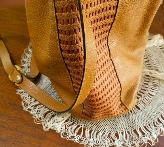 Vintage Leather Hobo Bucket Bag Drawstring Brown … - image 5