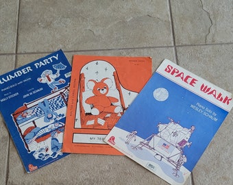 Vintage Sheet Music My Teddy Bear Slumber Party Space Walk Educational Piano Series Set of Three Colorful Covers