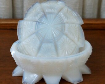 Vintage Dresser Jar Box Milk Glass Opalescent White Translucent Oval Star Design