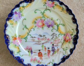 Vintage Geisha Girl Ceramic Plate Kutani Purple Pink Florals Cobalt Blue Hand Painted 1900s