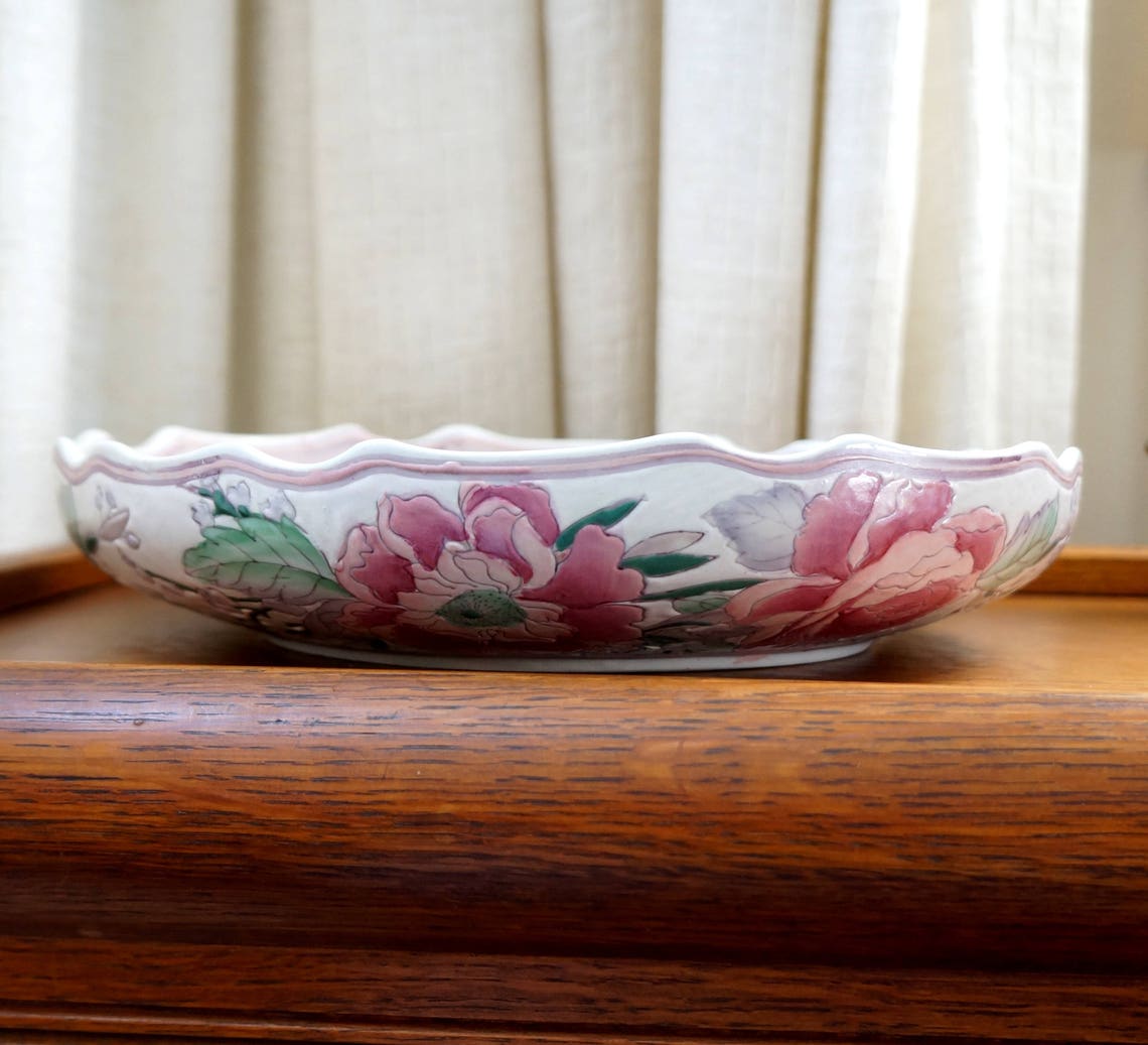 Vintage Cabbage Rose Bowl Dish Floral Ceramic Roses Pink Round Etsy