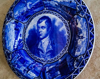 Vintage Plate Robert Burns Staffordshire Rowland Marsellus Blue White Transerware Rolled Edge 1910