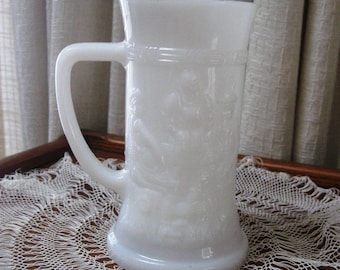 Vintage Milk Glass Beer Stein Mug Federal Embossed Tavern Scene 1950s Gift for Him