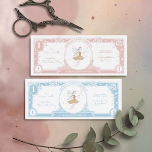 Dinheiro da Fada do Dente, Voucher para Fada do Dente para Imprimir, Extras da Carta da Fada do Dente, Modelo de Dente Perdido, Totalmente Editável, Opções Rosa e Azul