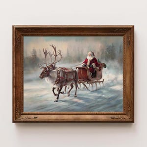 Arte de parede vintage com rena de trenó do Papai Noel, impressão vintage de Papai Noel de Natal, arte de parede de Natal, impressão de Natal, arte de parede para impressão, decoração de Natal