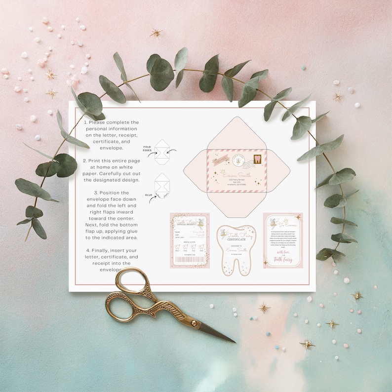 May include: Printable tooth fairy kit with instructions on how to assemble a pink envelope, certificate, and letter. The kit includes a tooth fairy letter, a tooth fairy certificate, and a pink envelope with a gold star design.