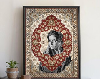 Indian Woman Wall Art Print, Vintage Rug Pattern Print, Antique Persian Carpet Print, Indian Pakistani Art, Eclectic Decor,Turkish Rug Print
