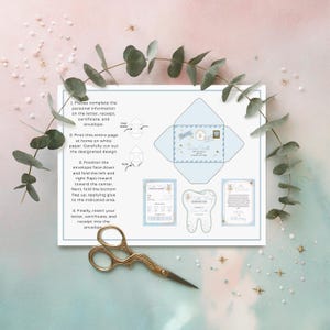 May include: A light blue Tooth Fairy kit with instructions, envelope, letter, receipt, and certificate. The kit includes a gold-coloured pair of scissors and is decorated with eucalyptus leaves and gold stars.