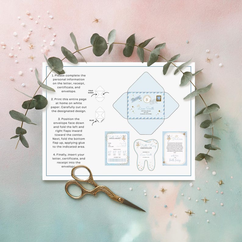 May include: A light blue Tooth Fairy kit with instructions, envelope, letter, receipt, and certificate. The kit includes a gold-coloured pair of scissors and is decorated with eucalyptus leaves and gold stars.