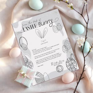 Carta editable y coloreable del conejito de Pascua, nota de Pascua imprimible para niños, carta oficial del escritorio del conejito de Pascua, mensaje del conejito