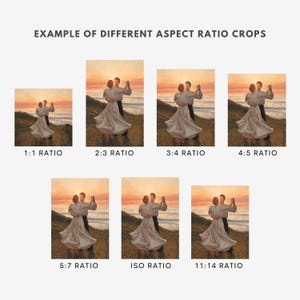 Pu&ograve; includere: Una coppia balla su una collina erbosa che si affaccia su una spiaggia al tramonto. L'immagine mostra diversi rapporti d'aspetto della stessa immagine, dimostrando come il ritaglio pu&ograve; influenzare la composizione.