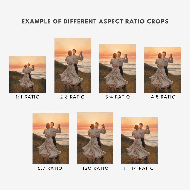 Pu&ograve; includere: Una coppia balla su una collina erbosa che si affaccia su una spiaggia al tramonto. L'immagine mostra diversi rapporti d'aspetto della stessa immagine, dimostrando come il ritaglio pu&ograve; influenzare la composizione.