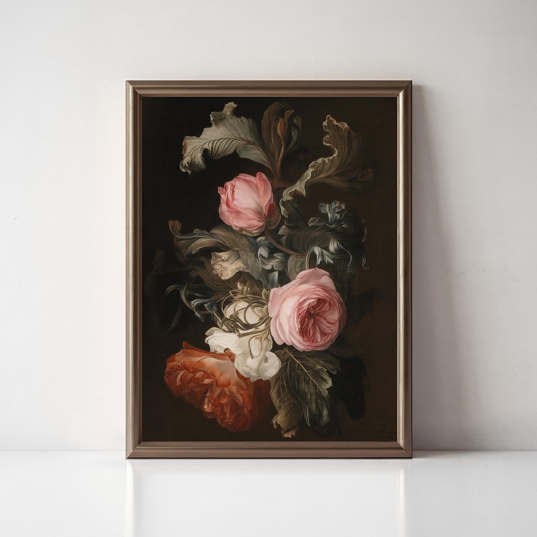 Dark Floral Print, Vintage Moody Flower Wall Art, Victorian Botanical ...