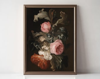 Donkere bloemenprint, vintage humeurige bloem muurkunst, Victoriaans botanisch decor, boerderij muurkunst, donkere academische wereld, afdrukbare muurkunst
