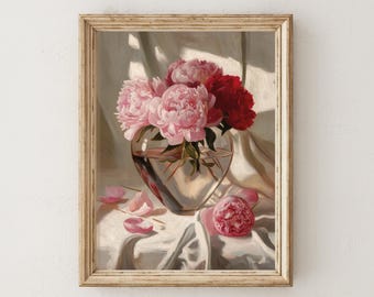 Stampa vintage di peonia rosa, arte floreale romantica, arte murale romantica con vaso a forma di cuore, decorazione per San Valentino, regalo per San Valentino, regalo per la festa della mamma