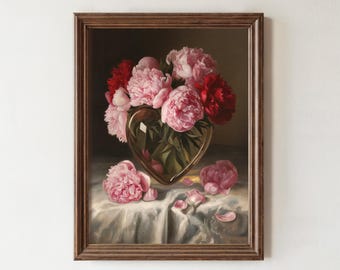 Stampa di peonie rosa malinconiche, arte floreale romantica vintage, arte murale a forma di vaso a forma di cuore, decorazione per San Valentino, regalo per San Valentino, regalo per la festa della mamma