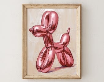 Stampa di un cane con palloncino rosa, arte murale retrò, arte murale estetica, arredamento preppy, arredamento per San Valentino, regalo per San Valentino, arredamento per la cameretta dei bambini, camerette per bambini