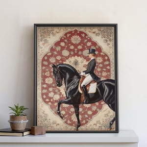 May include: A black horse with a rider in a black top hat and white riding pants, standing on a red and white patterned rug.