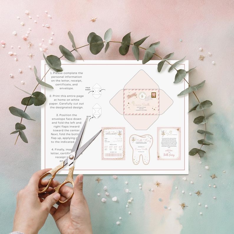 May include: Printable tooth fairy kit with a pink and gold design. The kit includes a tooth certificate, a letter from the tooth fairy, and an envelope. The instructions are printed on the page.