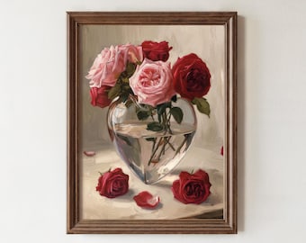 Red&Pink Roses Print, Valentines Day Decor, Vintage Romantic Wall Art, Valentines Day Gift, Valentines Day Print, Flower Romantic Art