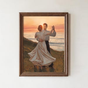 Pu&ograve; includere: Un dipinto che ritrae una coppia che balla su una scogliera con vista sull'oceano al tramonto. La donna indossa un abito bianco e l'uomo indossa una camicia bianca e pantaloni scuri. Il cielo &egrave; di un arancione e rosa vibrante.